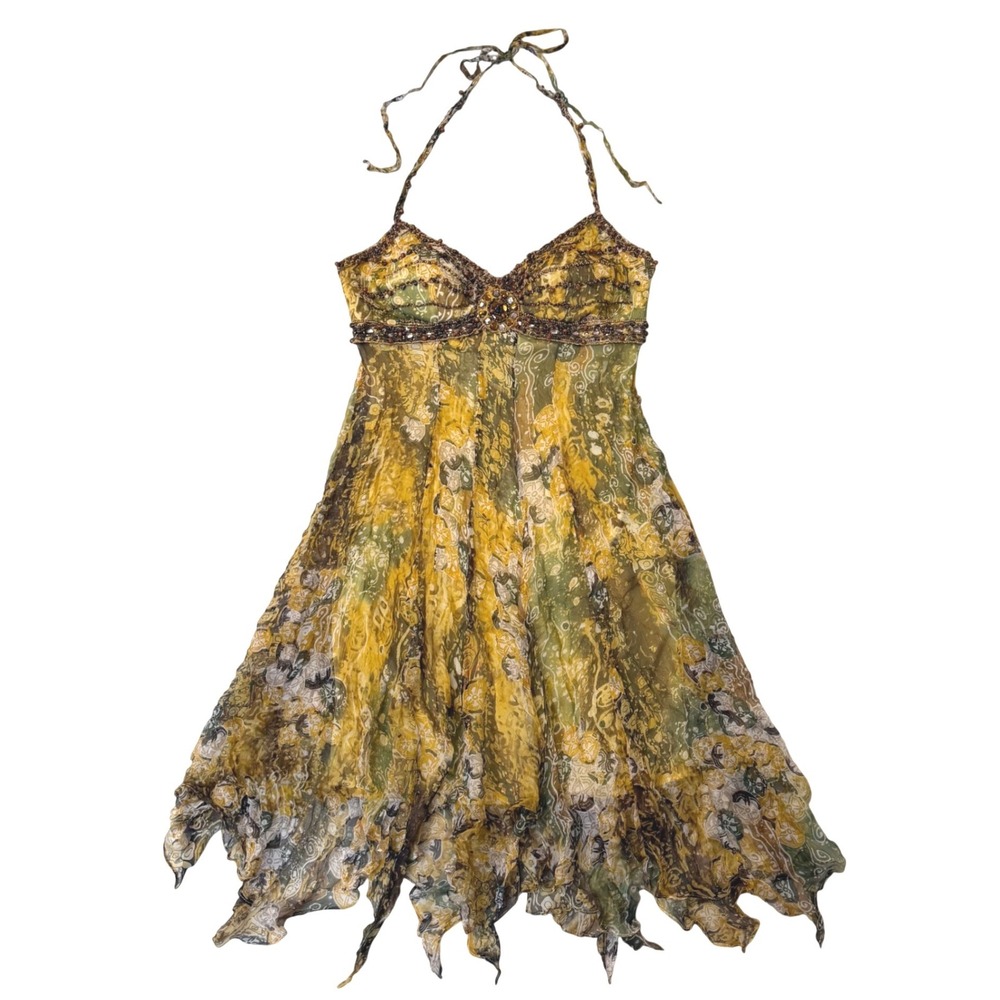 NWT Vtg Caché 100% Silk Beaded Halter Dress Whimsigoth Fairycore Asymmetric 4
